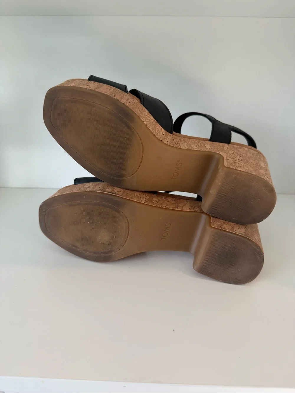 Toms Black Leather Crisscross Wedge Sandals